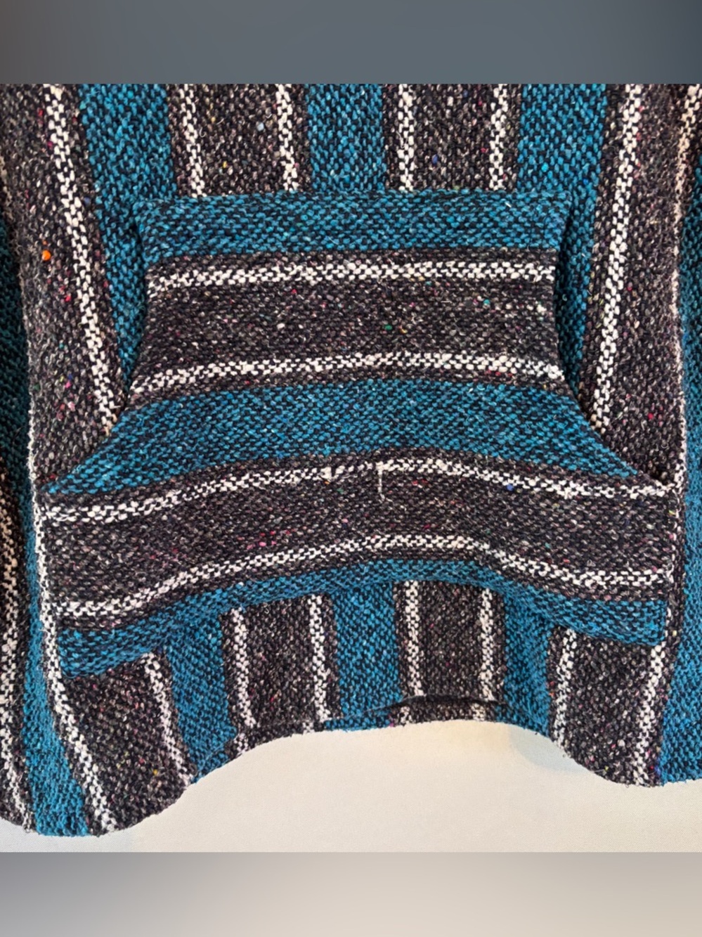 Authentic Men's Baja Hoodie - Teal & Gray Stripes from Mexico. Size Small, Relax - Picture 3 of 4